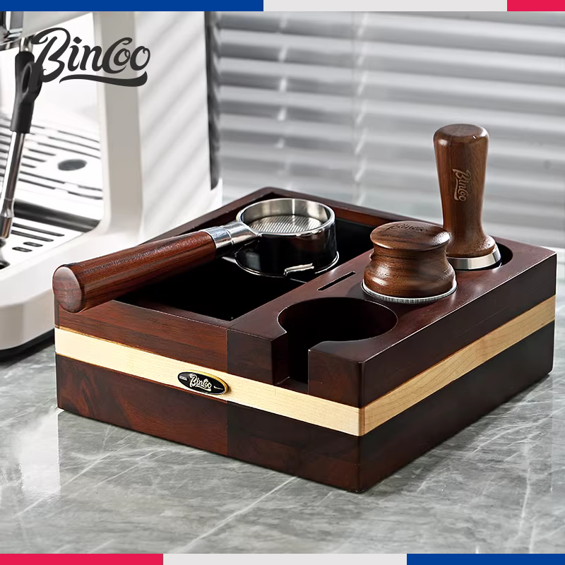 Bộ dụng cụ pha cà phê Bincoo bằng gỗ nguyên khối kiểu Ý, đa năng, gồm 3 món với hộp đựng bã cà phê.