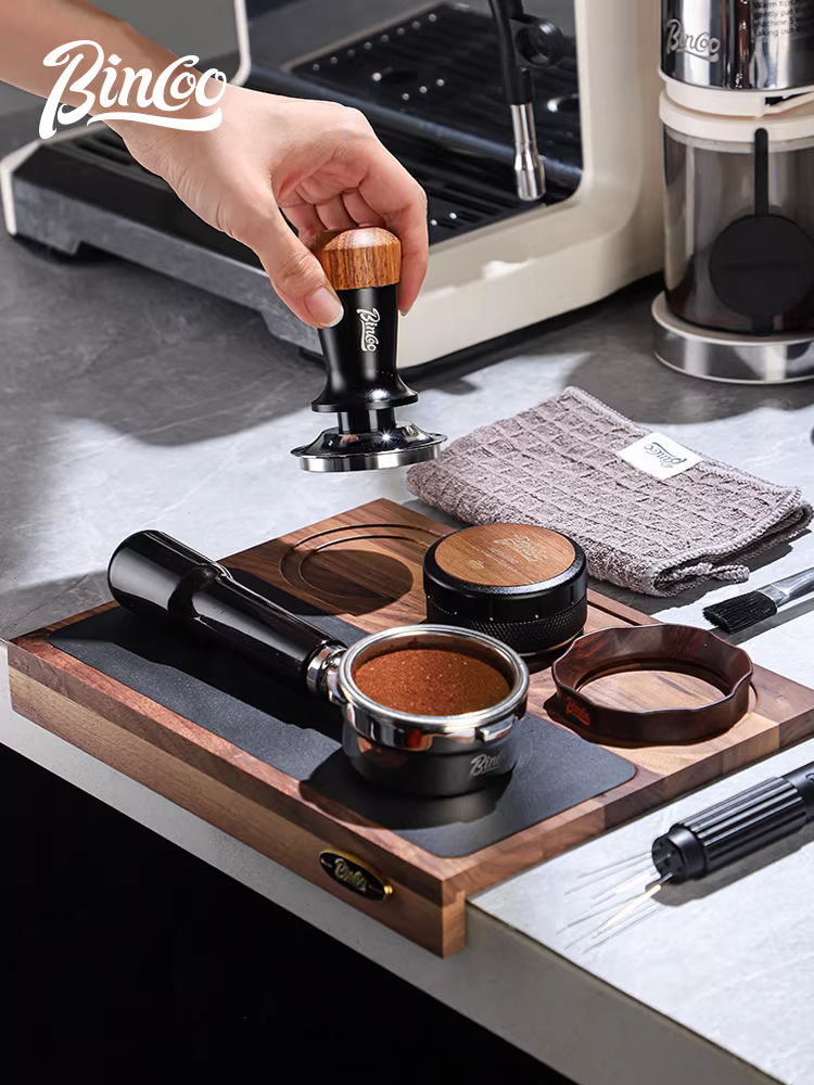 Bộ dụng cụ phân phối bột tamper kiểu Ý Bincoo, kèm tấm lót làm bằng gỗ óc chó, kích thước đa năng 51/58mm