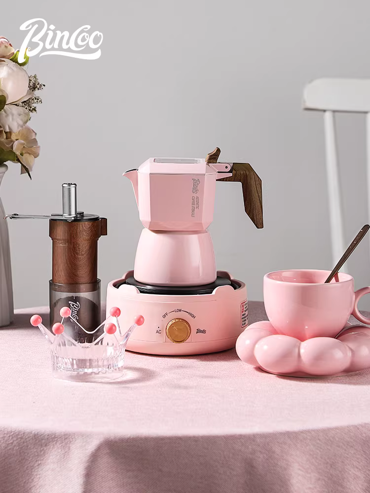 Bình pha cà phê moka hai van màu hồng Bincoo hình con chim, máy pha cà phê espresso nhỏ, dụng cụ pha cà phê, ấm pha cà phê