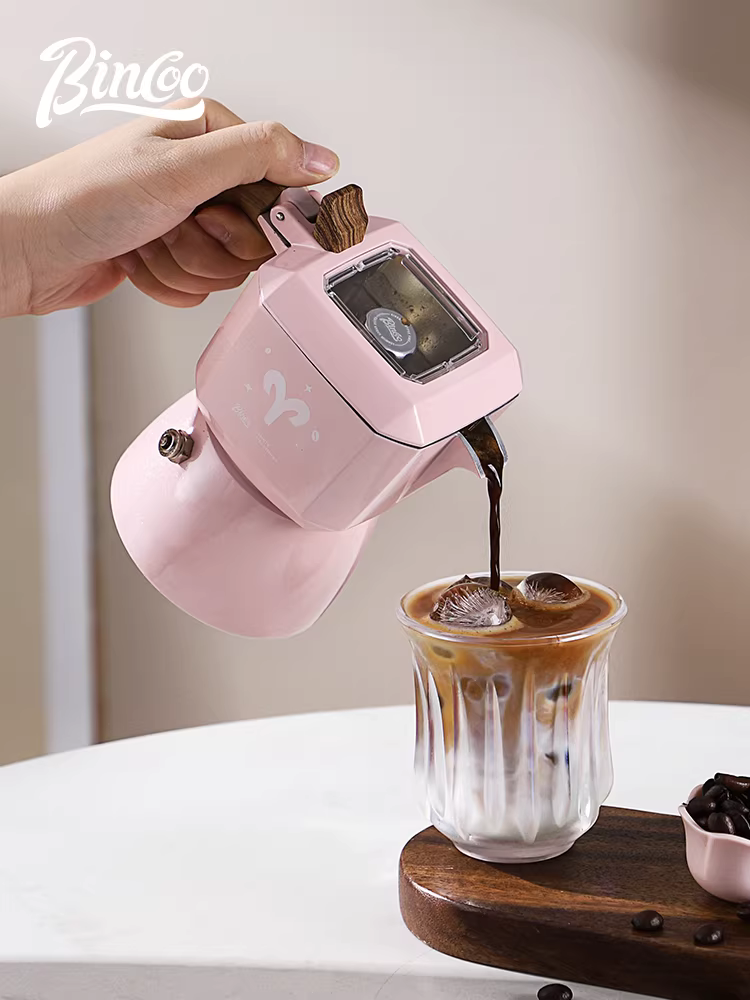 Máy pha cà phê moka điện Bincoo hai van, nhỏ gọn, di động, sử dụng tay quay, dành cho gia đình.