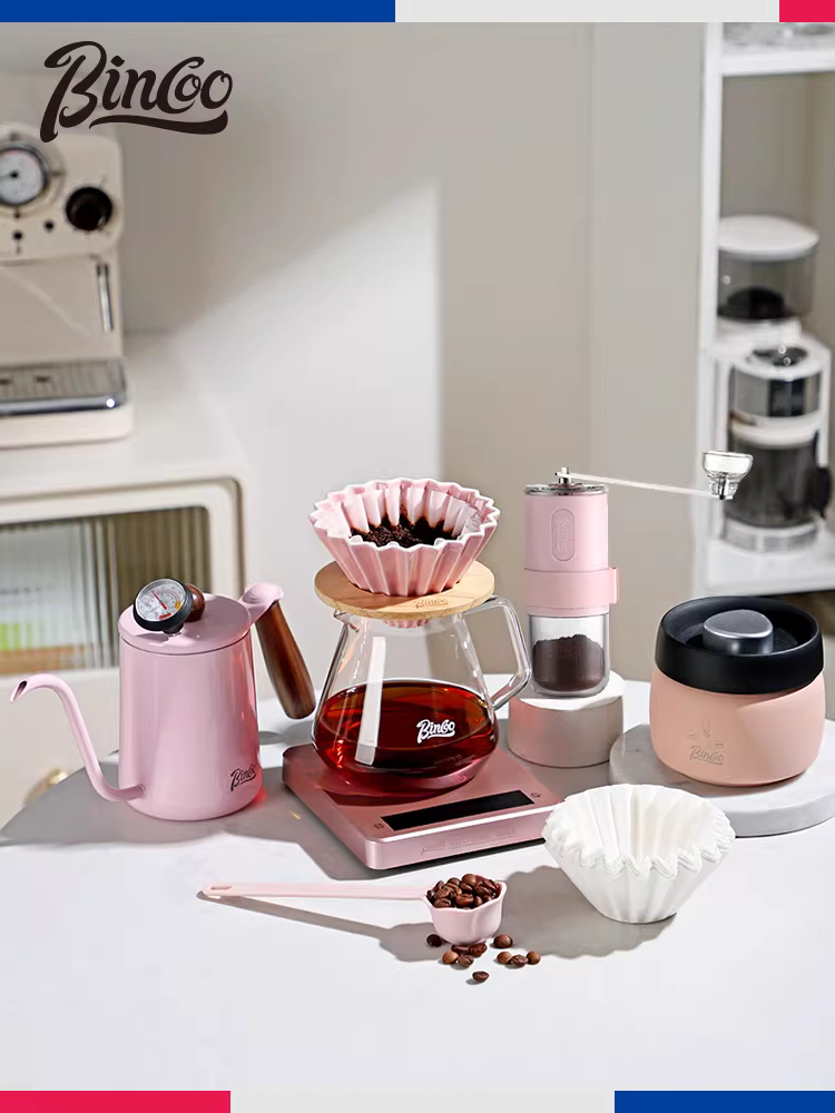 Bộ ấm pha cà phê Bincoo màu hồng, bộ dụng cụ pha cà phê, bộ lọc, ấm chia cà phê, bộ đầy đủ, cà phê xay tay, bộ đầy đủ dùng tại nhà