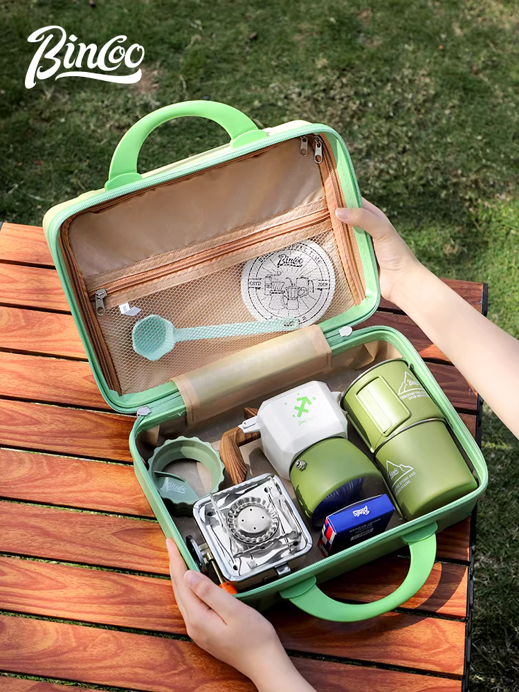 Bộ dụng cụ pha cà phê Bincoo Moka pot hai van, máy xay cà phê bằng tay, máy pha cà phê ngoài trời, thiết bị pha cà phê cắm trại, bộ dụng cụ bảo quản