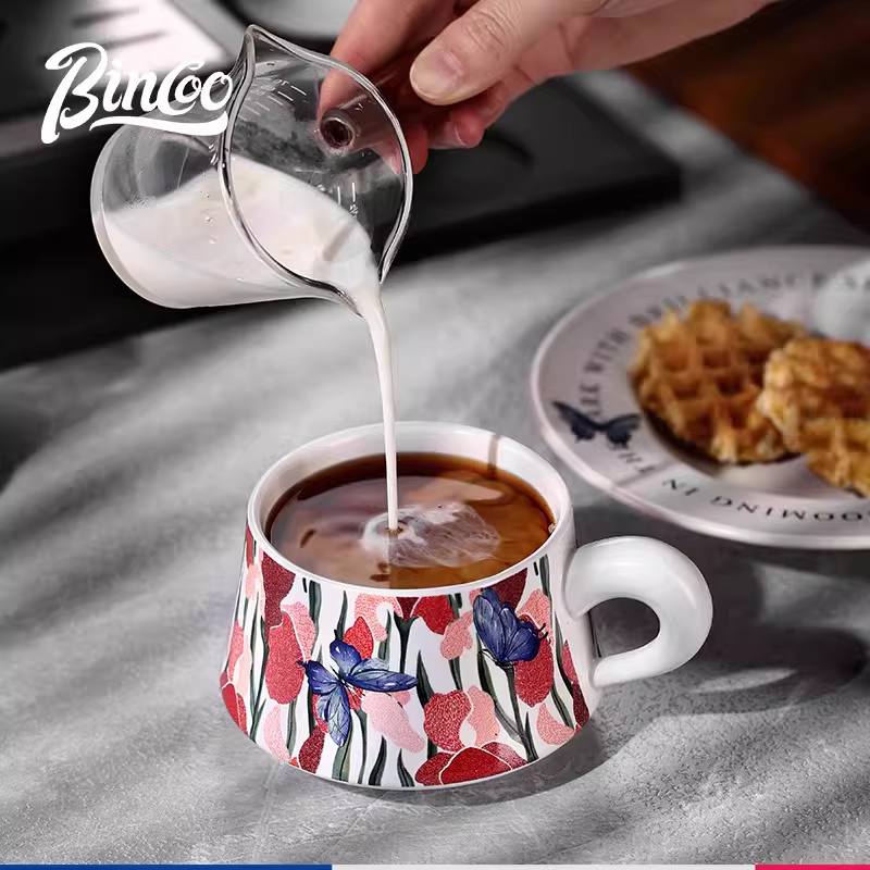 Bộ tách trà cà phê sứ Bincoo hình con bướm, chuyên dụng vẽ latte, kiểu Ý sáng tạo, cao cấp, tinh tế