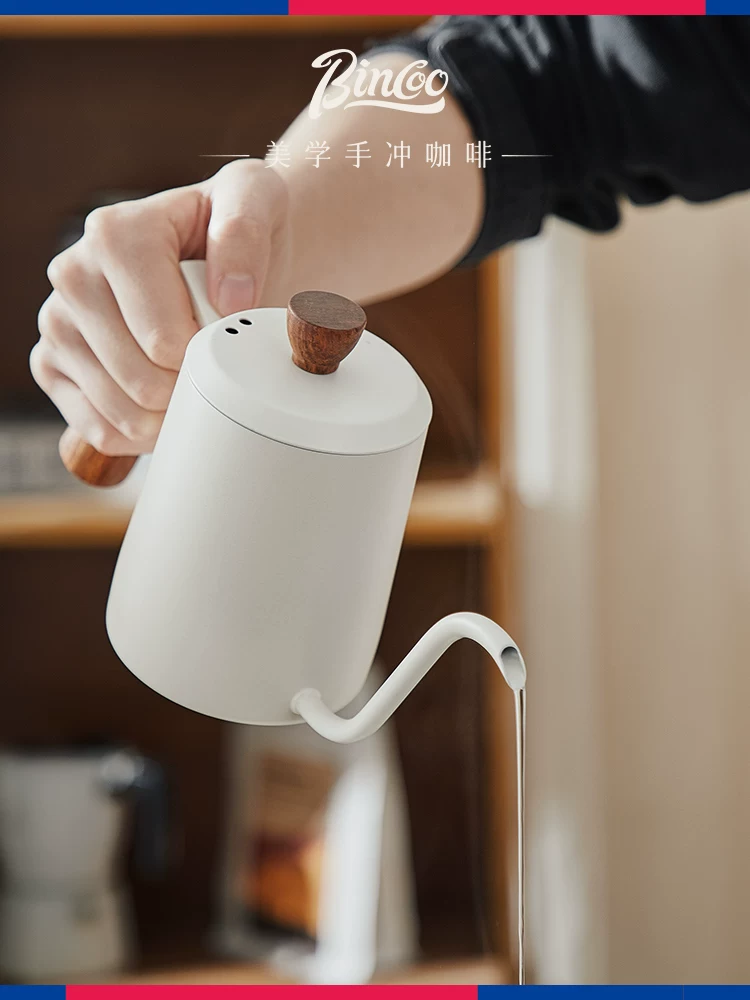 Ấm pha cà phê Bincoo với vẻ ngoài đẹp mắt, tay cầm bằng gỗ nguyên khối, vòi dài, miệng hẹp, ấm pha cà phê bằng thép không gỉ dùng cho gia đình.