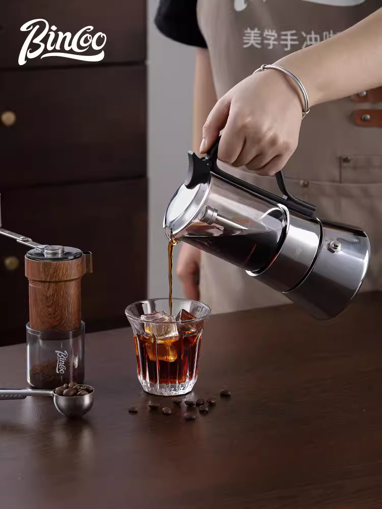 Bộ pha cà phê espresso bằng kính Bincoo, kiểu Moka, hai van, kèm máy xay cà phê cầm tay, dùng cho gia đình