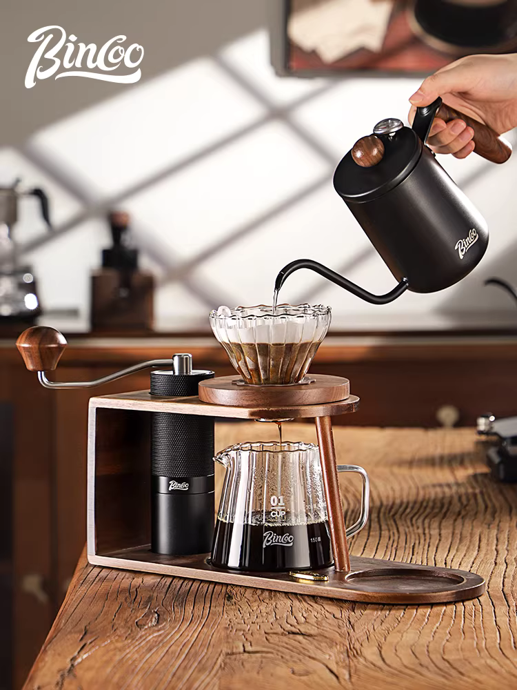Bộ ấm pha cà phê bằng gỗ keo Bincoo, giá để đồ gia dụng, bộ ấm pha cà phê bằng gỗ hoàn chỉnh