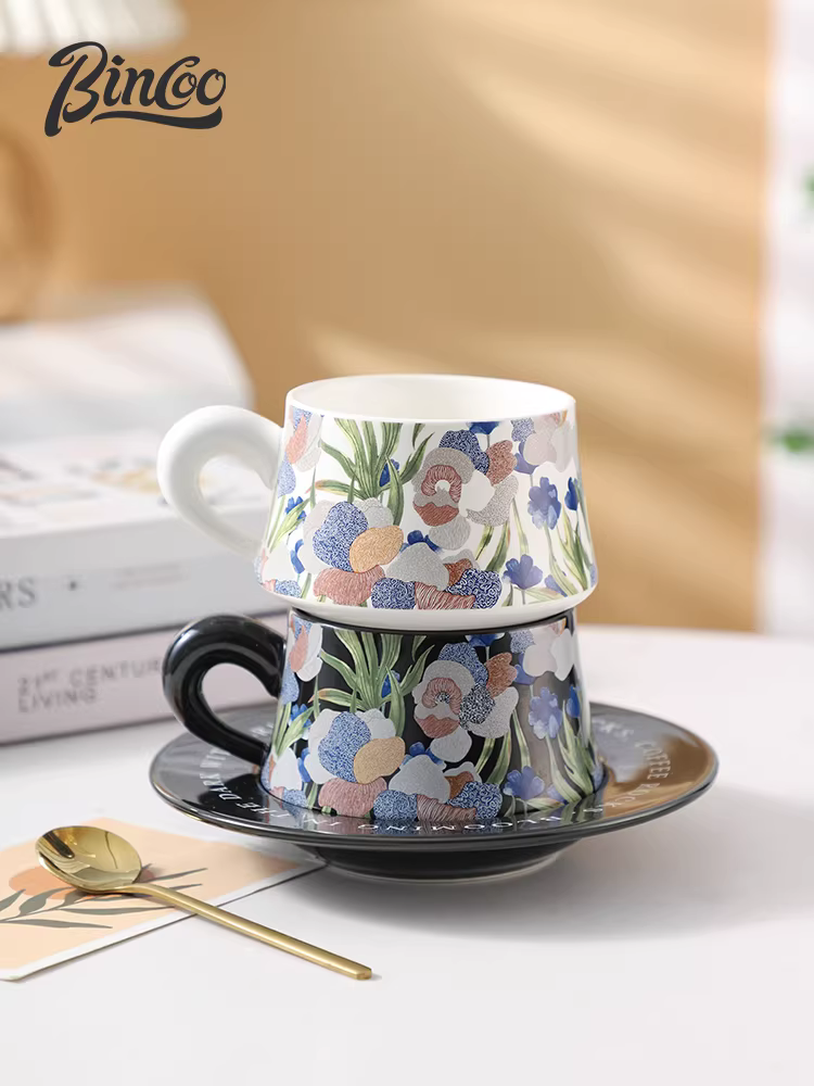 Bộ tách trà sứ hoa diên vĩ Bincoo, cốc uống trà cao cấp dành cho nữ, bộ trà chiều cao cấp dùng tại nhà