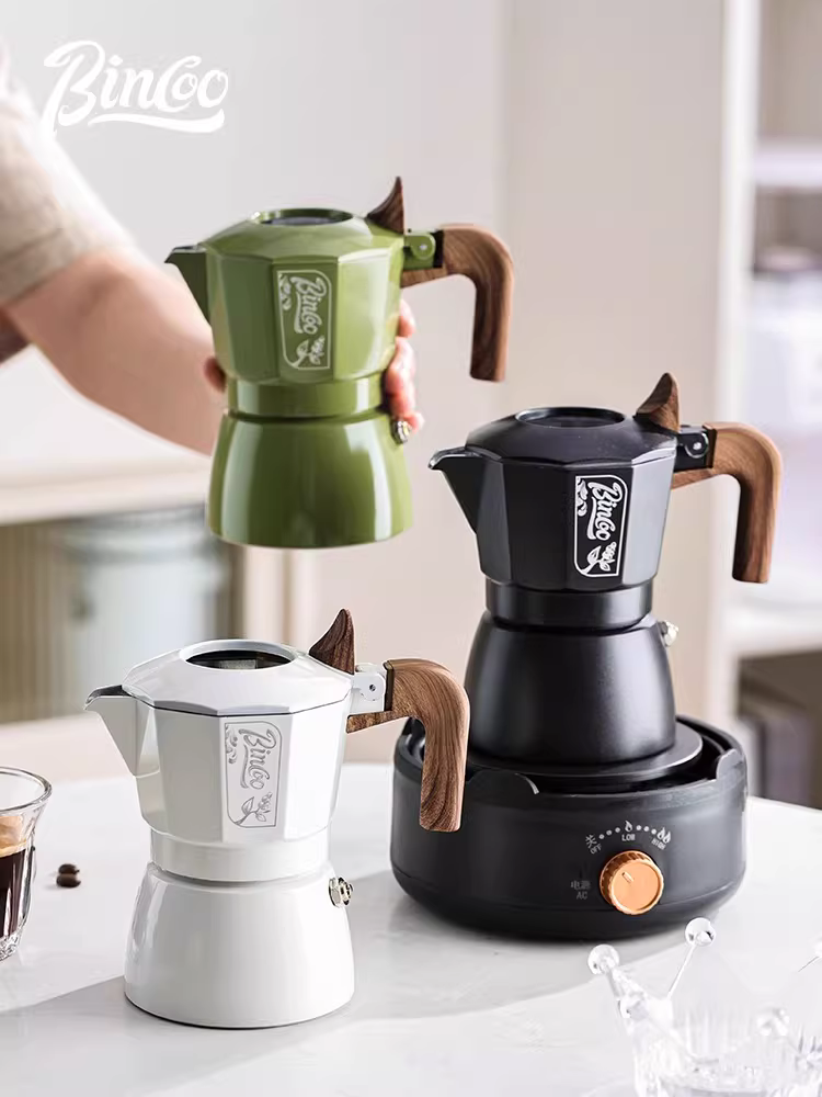 Máy pha cà phê moka Bincoo hai van, máy pha cà phê espresso nhỏ, máy pha cà phê espresso gia dụng, bếp điện gốm nhỏ