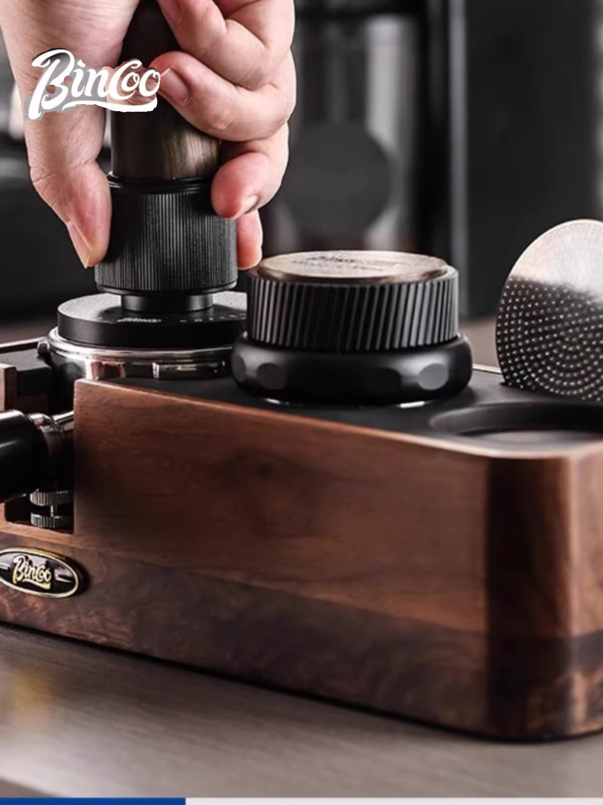 Bộ dụng cụ pha cà phê Bincoo bằng gỗ óc chó, gồm đế, dụng cụ nén, dụng cụ phân phối bột, phù hợp với cỡ 51/58mm