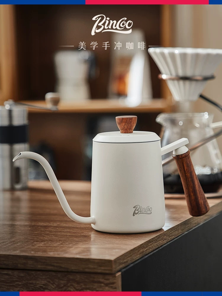 Ấm pha cà phê Bincoo với vẻ ngoài đẹp mắt, tay cầm bằng gỗ nguyên khối, vòi dài, miệng hẹp, ấm pha cà phê bằng thép không gỉ dùng cho gia đình.