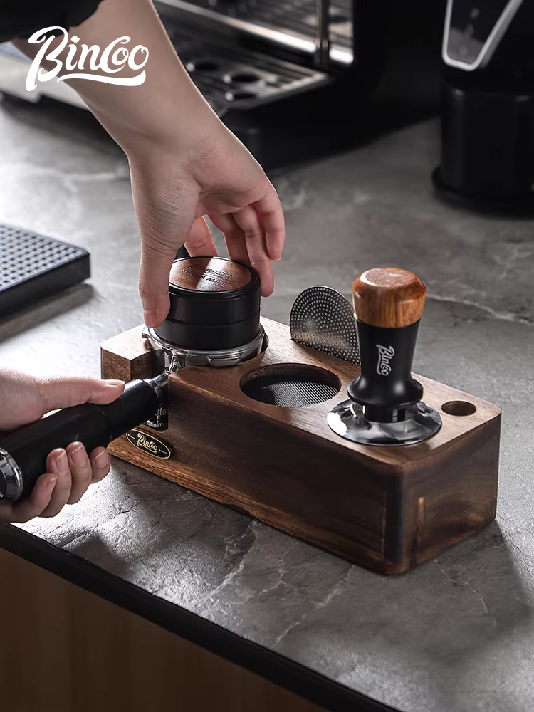 Bộ đế và dụng cụ phân phối cà phê bằng gỗ nguyên khối Bincoo 51/58mm, phụ kiện máy pha cà phê espresso, hộp đựng