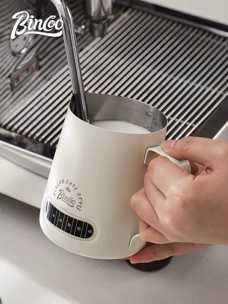 Cốc tạo bọt sữa chuyên nghiệp Bincoo, chịu nhiệt, làm latte art, chất liệu thép không gỉ 304, vòi tròn dày, tạo bọt sữa