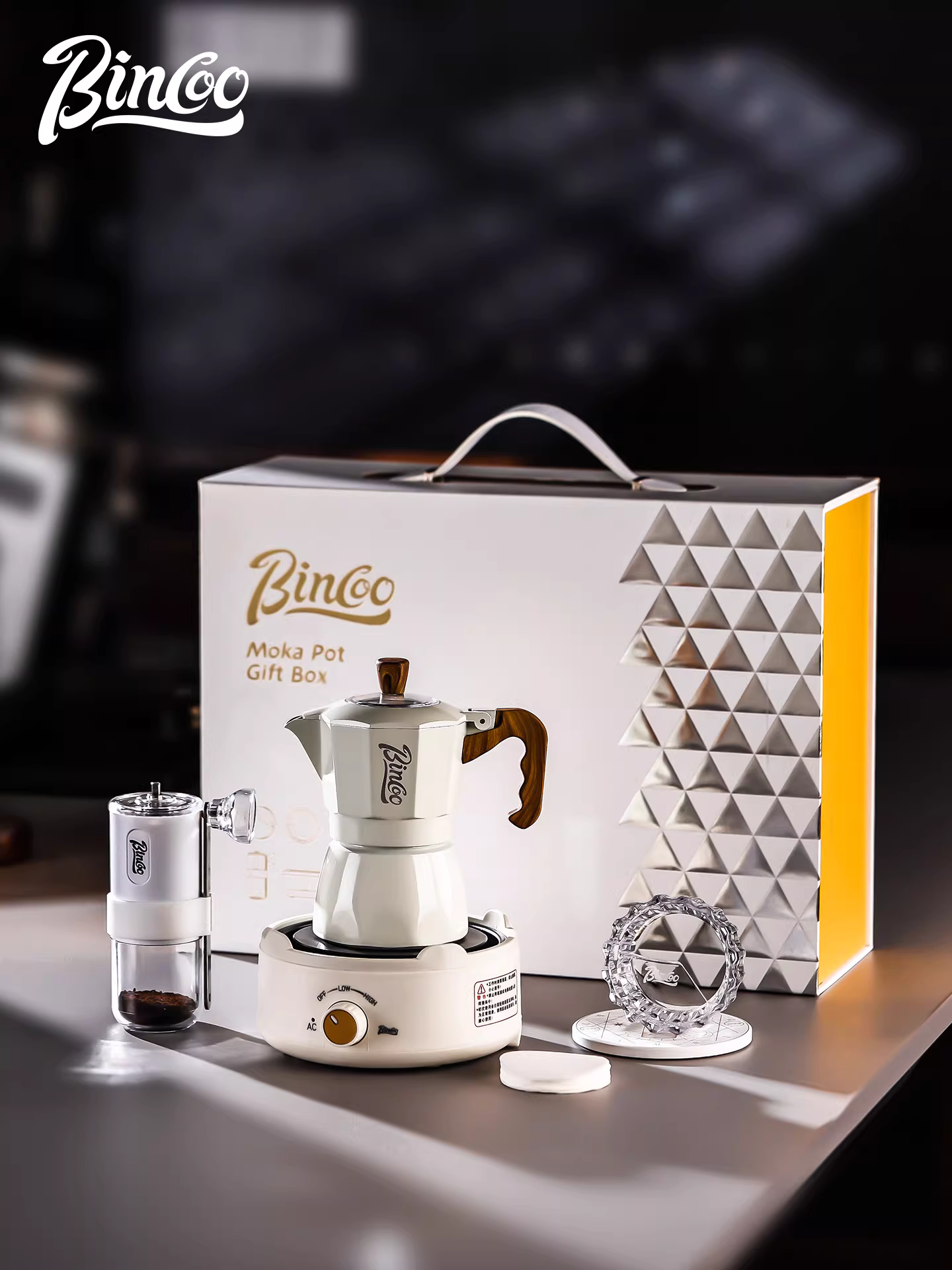 Bộ quà tặng bình pha cà phê moka hai van Bincoo, máy pha cà phê sang trọng, máy pha cà phê espresso, quà tặng gia đình