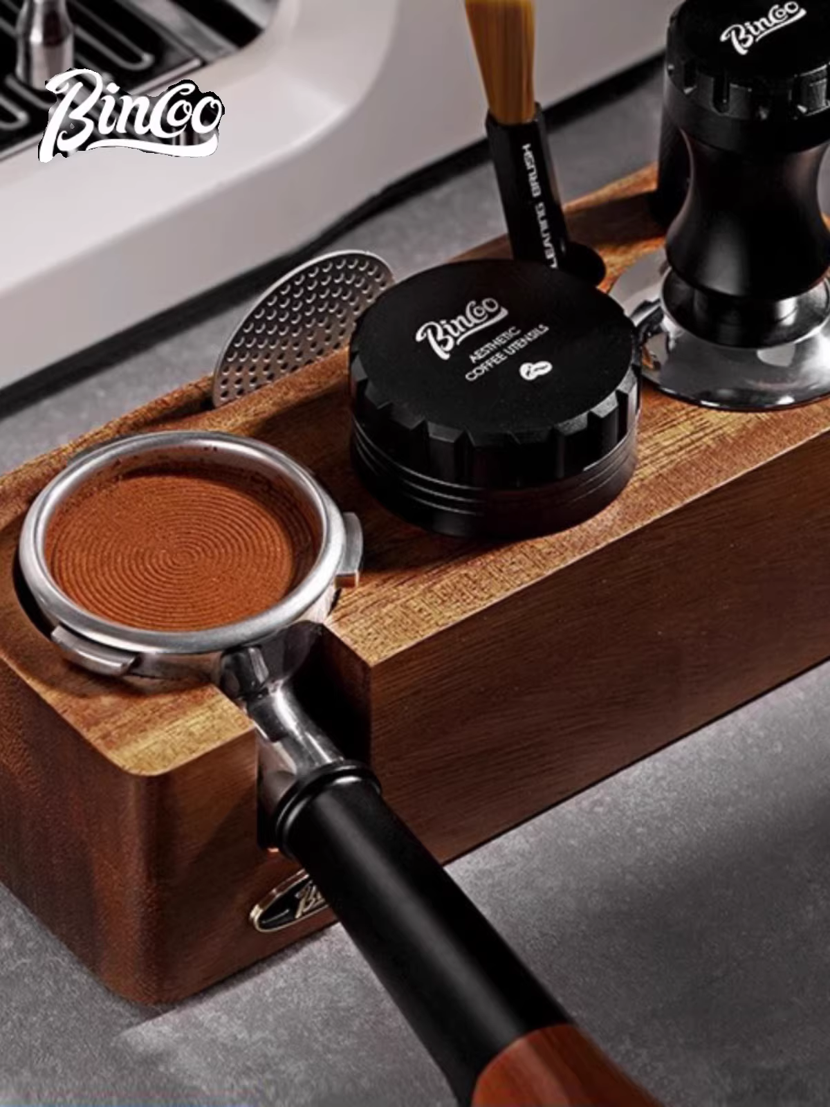 Bộ dụng cụ pha cà phê Bincoo bằng gỗ óc chó, gồm đế ép cà phê, búa ép cà phê, dụng cụ phân phối bột cà phê, bộ ba món kiểu Ý 51/58mm