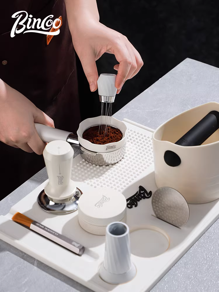 Bộ dụng cụ pha cà phê đa năng Bincoo: đế nén cà phê, búa nén, dụng cụ phân phối bột, hộp đựng bã cà phê, đế để đồ 51mm58
