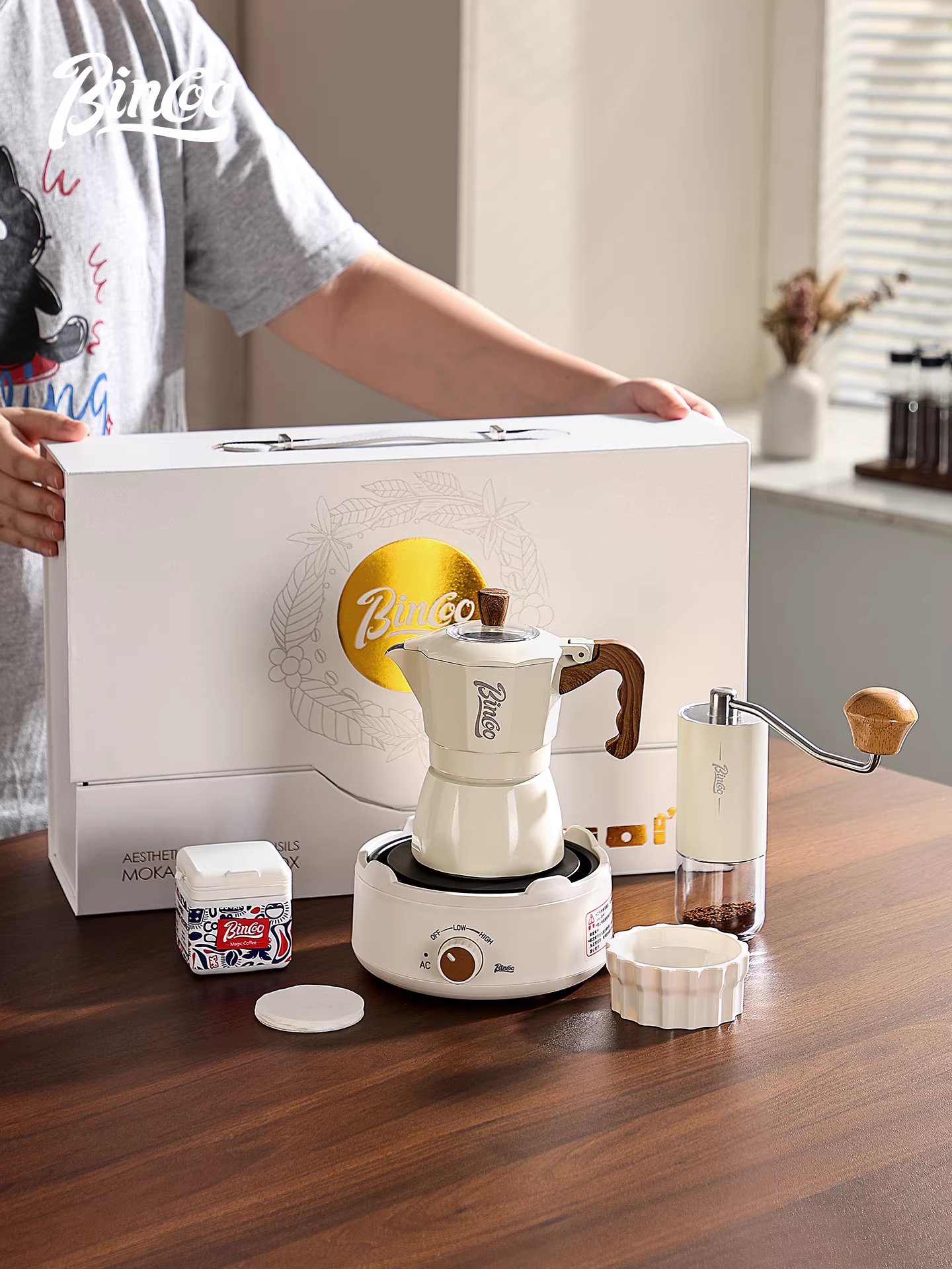 Bộ pha cà phê moka pot hai van Bincoo, hộp quà tặng, dùng trong nhà, chiết xuất espresso nhỏ gọn, lựa chọn quà tặng