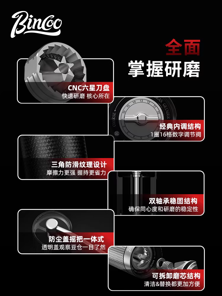 Máy xay cà phê cầm tay bincoo máy xay hạt cà phê máy xay cà phê thủ công máy xay cà phê thủ công CNC lõi thép lục giác