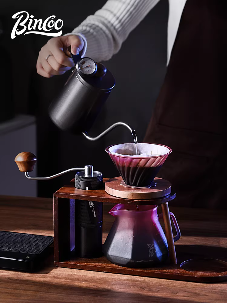 Bộ ấm pha cà phê thủ công Bincoo có giá đỡ cao cấp, thiết bị gia dụng nhỏ gọn, bộ đầy đủ với máy xay cầm tay.