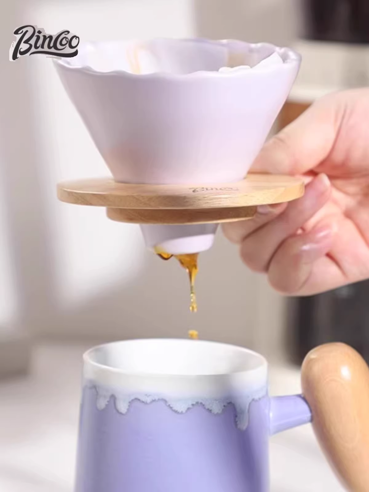 Bộ pha cà phê thủ công Bincoo bằng gốm, gồm dụng cụ lọc, máy xay cà phê cầm tay, bộ dụng cụ pha cà phê hoàn chỉnh.