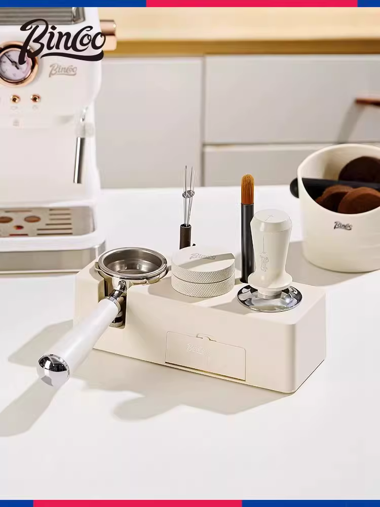 Bộ dụng cụ tamper cà phê Bincoo ba món, gồm dụng cụ phân phối bột cà phê, búa tamper và hộp đựng, dành cho máy pha cà phê Ý.