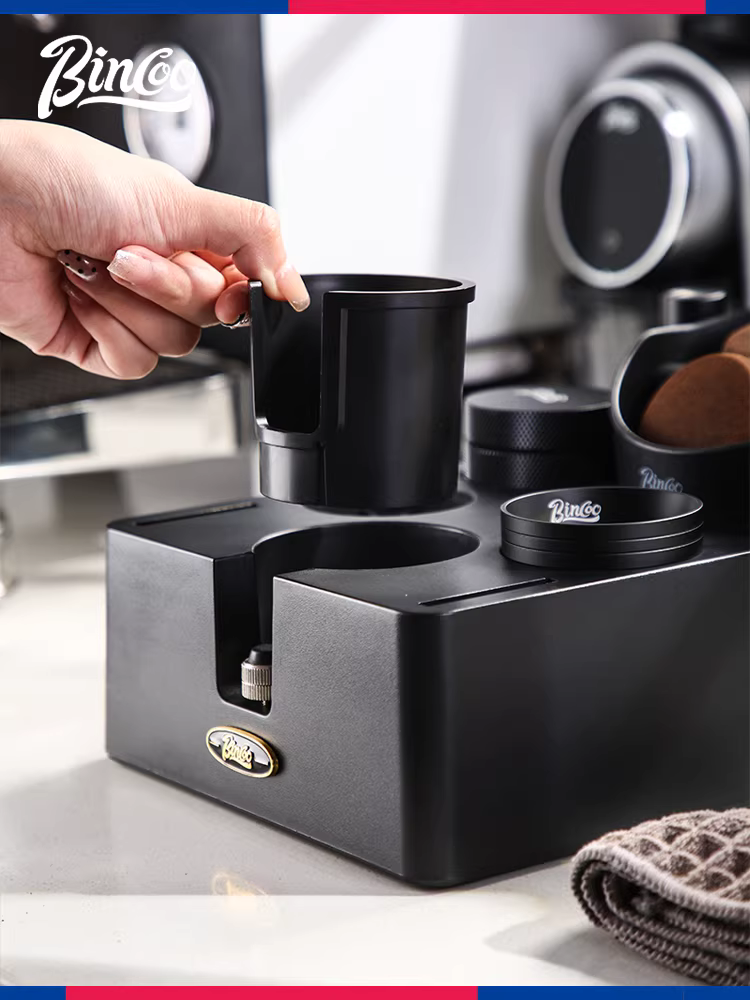 Đế ép cà phê Bincoo, dụng cụ phân phối, búa ép, hộp đựng bã cà phê, phụ kiện tay cầm máy pha cà phê, bộ dụng cụ và hộp đựng đầy đủ.