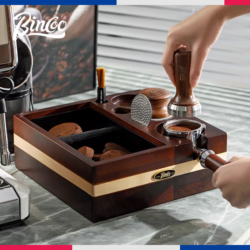 Bộ dụng cụ pha cà phê Bincoo bằng gỗ nguyên khối kiểu Ý, đa năng, gồm 3 món với hộp đựng bã cà phê.