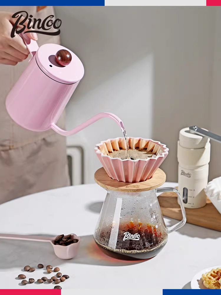 Bộ ấm pha cà phê Bincoo màu hồng, bộ dụng cụ pha cà phê, bộ lọc, ấm chia cà phê, bộ đầy đủ, cà phê xay tay, bộ đầy đủ dùng tại nhà