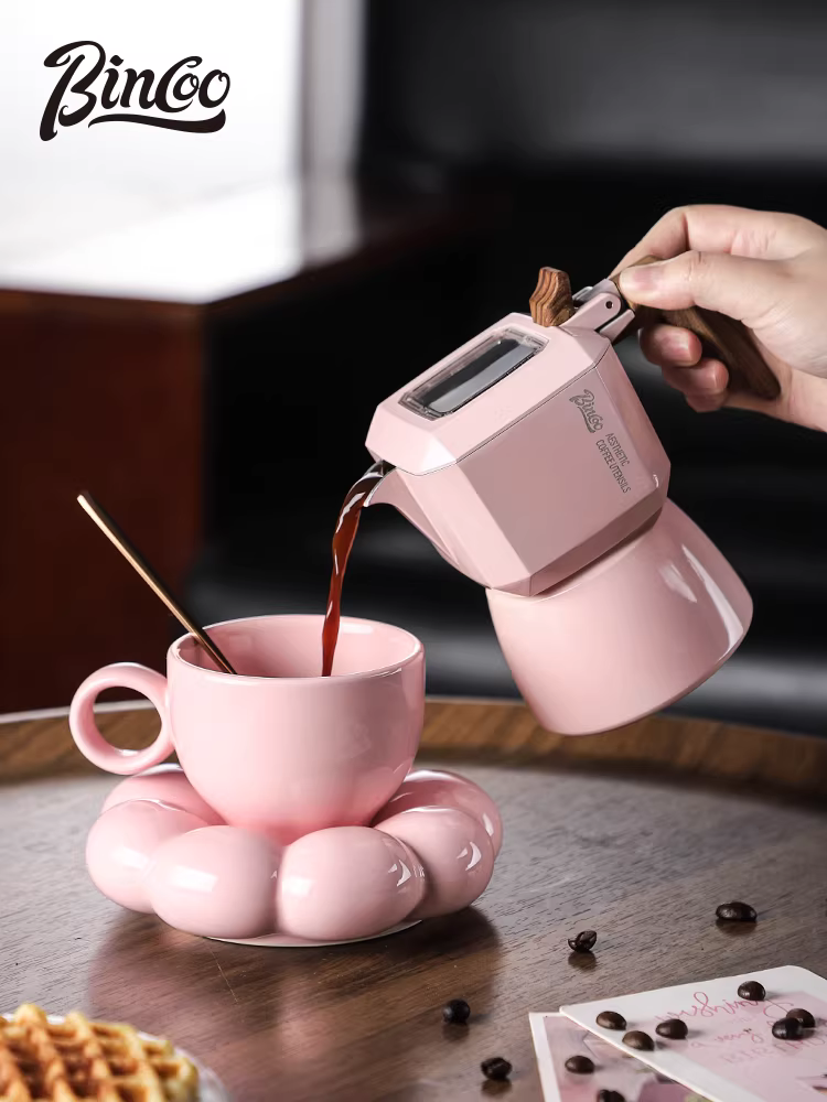 Bình pha cà phê moka hai van màu hồng Bincoo hình con chim, máy pha cà phê espresso nhỏ, dụng cụ pha cà phê, ấm pha cà phê
