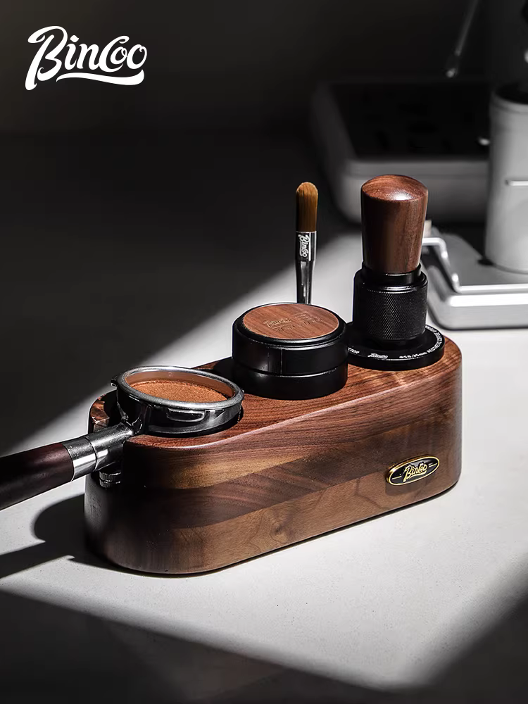 Bộ dụng cụ pha cà phê Bincoo bằng gỗ óc chó gồm đế, chày và hộp đựng cà phê, phù hợp với cỡ 51/58mm