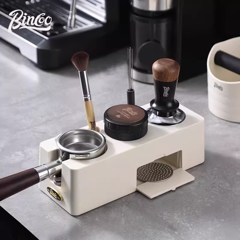 Bộ ba dụng cụ cà phê Bincoo gồm đế ép cà phê, búa ép cà phê và dụng cụ phân phối, dùng để đựng dụng cụ cà phê 51/58mm.