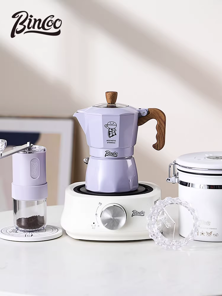 Bộ pha cà phê Moka Bincoo màu tím, van kép, áp suất kép, pha cà phê thủ công, dùng được ngoài trời và trong nhà, kiểu Ý.