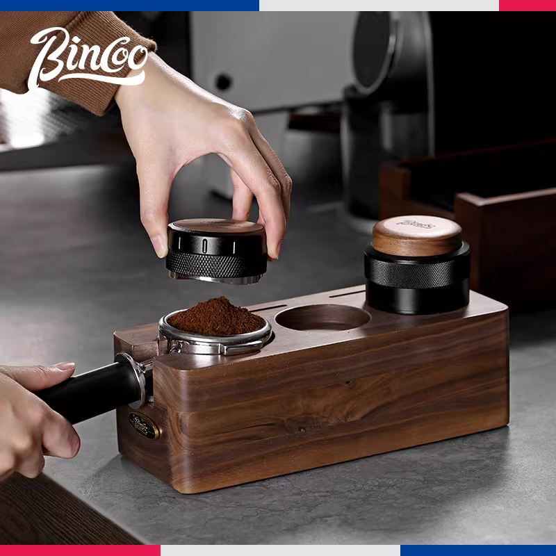 Bộ dụng cụ nén cà phê Bincoo bằng gỗ óc chó, gồm dụng cụ nén cà phê, dụng cụ phân phối bột cà phê, kích thước 51/58mm, bộ ba món