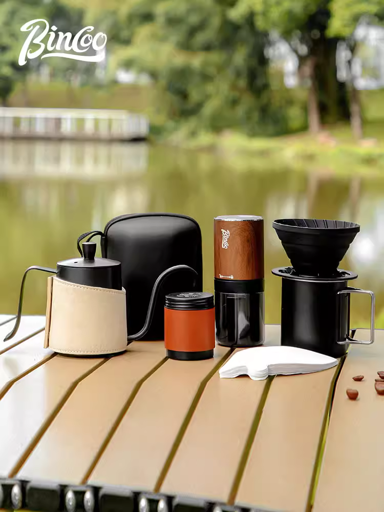 Bộ dụng cụ pha cà phê ngoài trời Bincoo, bộ pha cà phê cầm tay di động, máy xay cà phê bằng tay, máy pha cà phê du lịch, bộ đầy đủ tiện dụng