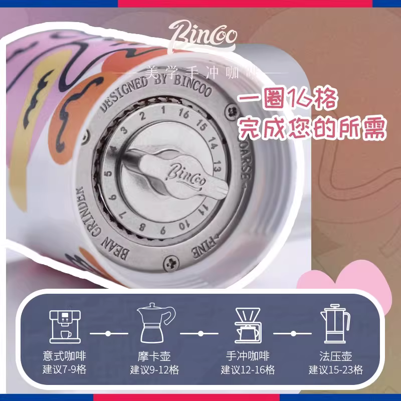 Máy xay cà phê bằng tay Bincoo lõi thép phiên bản nghệ thuật graffiti cao cấp, máy xay cà phê bằng tay