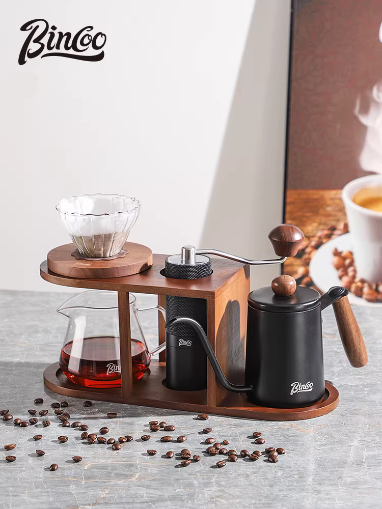 Giá để cà phê pha thủ công Bincoo, ấm chia sẻ, ấm pha cà phê thủ công, cốc lọc thủy tinh, bộ đầy đủ để sử dụng tại nhà, giá đỡ bằng gỗ cổ điển