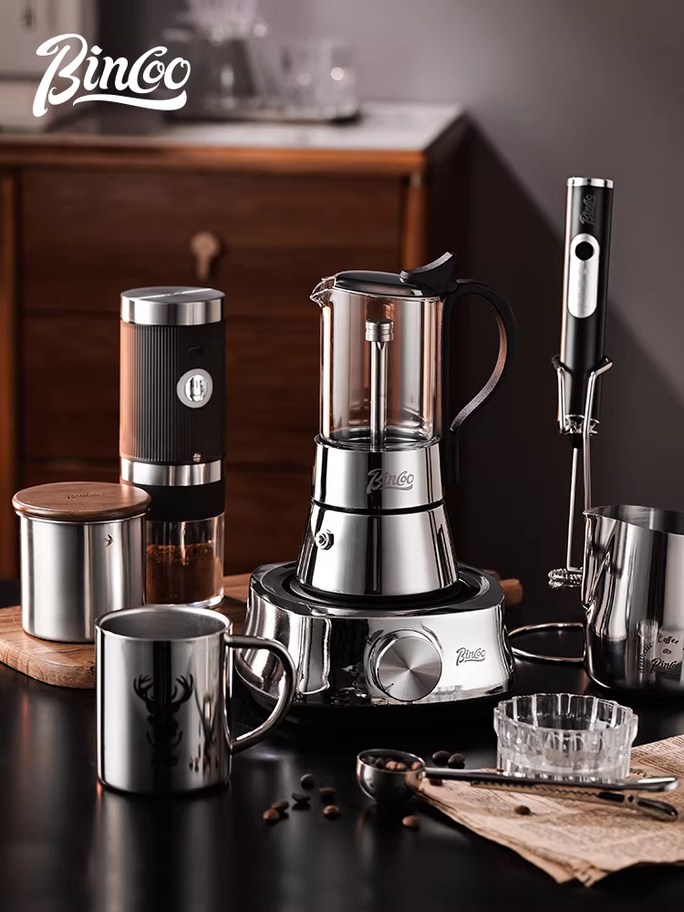 Bình pha cà phê moka Bincoo hai van bằng thép không gỉ, máy pha cà phê espresso thủ công tại nhà, máy pha cà phê nhỏ gọn