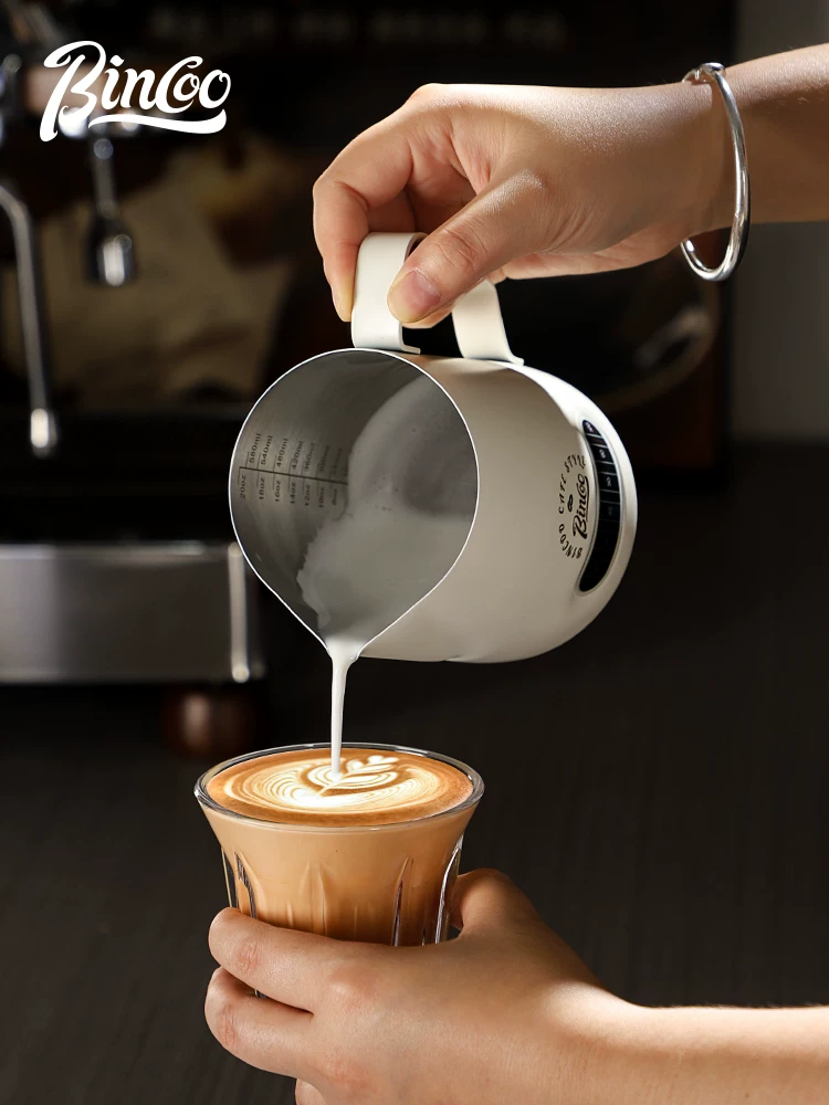 Cốc tạo bọt sữa cà phê Latte Art Bincoo kiểu Ý, chất liệu thép không gỉ, có hiển thị nhiệt độ, chuyên dụng, vòi tròn/vòi nhọn