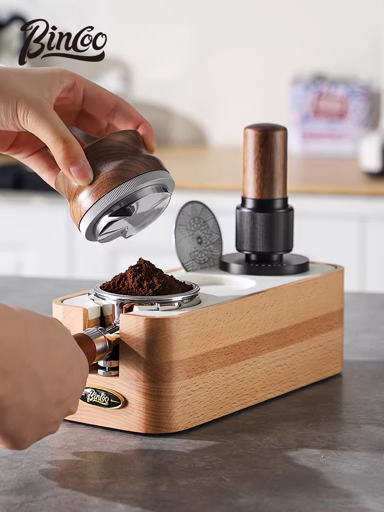 Bộ dụng cụ đế đỡ tamper cà phê Bincoo bằng gỗ nguyên khối, phụ kiện máy pha cà phê espresso, tay cầm, đế đổ đầy