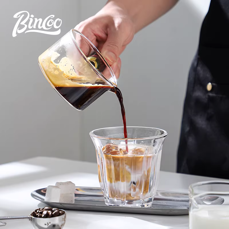 Cốc pha cà phê Ý Bincoo có cốc đong thủy tinh chia độ, cốc espresso, tay cầm bằng gỗ, bình sữa nhỏ, cốc ounce