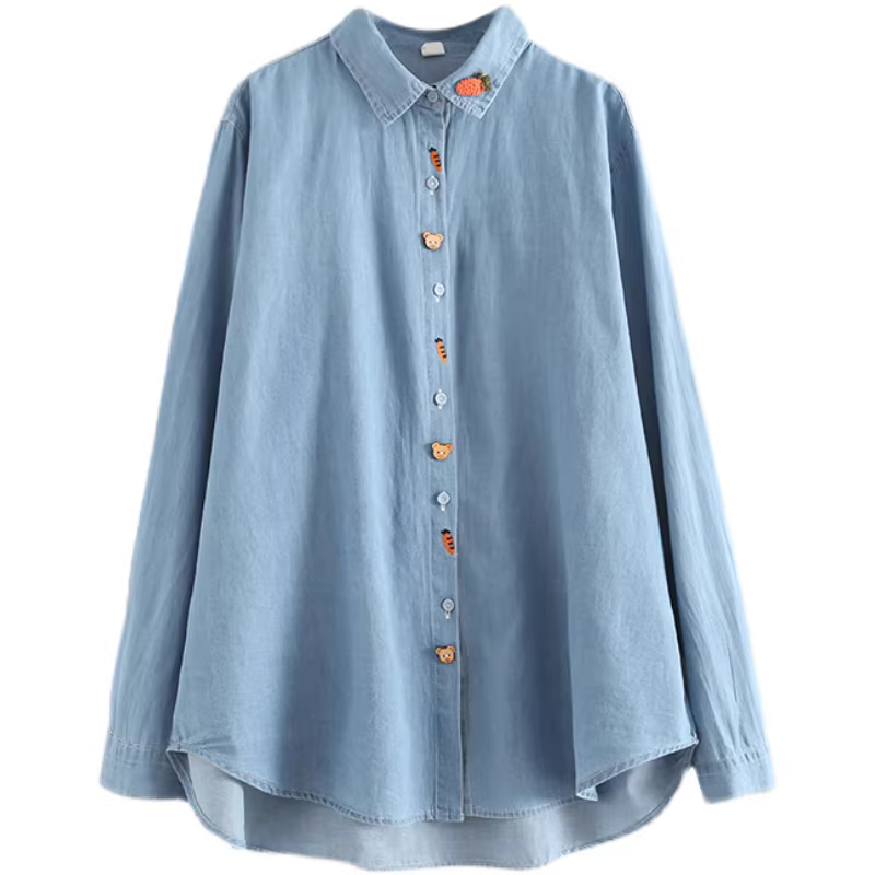 Dream Box 2023 Mùa Xuân Mới Áo Sơ Mi Thêu Cà Rốt Có Nút Gấu Áo Sơ Mi Denim Dài Tay Rộng Cho Nữ
