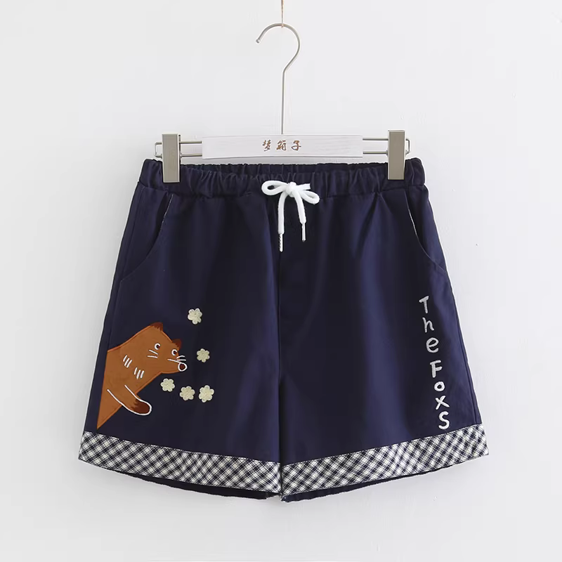 Dream Box 2023 Mùa Hè Mới Hoạt Hình Cáo Miếng Dán Thêu Học Sinh Thẳng Quần Lưng Thun Áo Cotton Quần Short Nữ