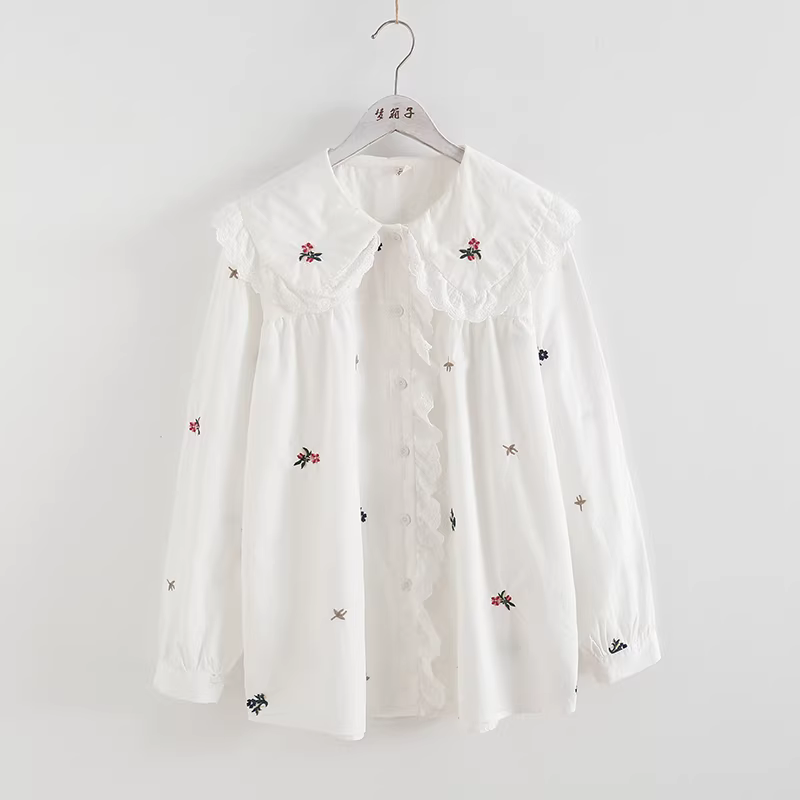 Dream Box 2022 Mùa Xuân Mới Áo Sơ Mi Cotton Thêu Hoa Ren Cổ Búp Bê Tay Dài Rời Thêu Áo Sơ Mi Trắng
