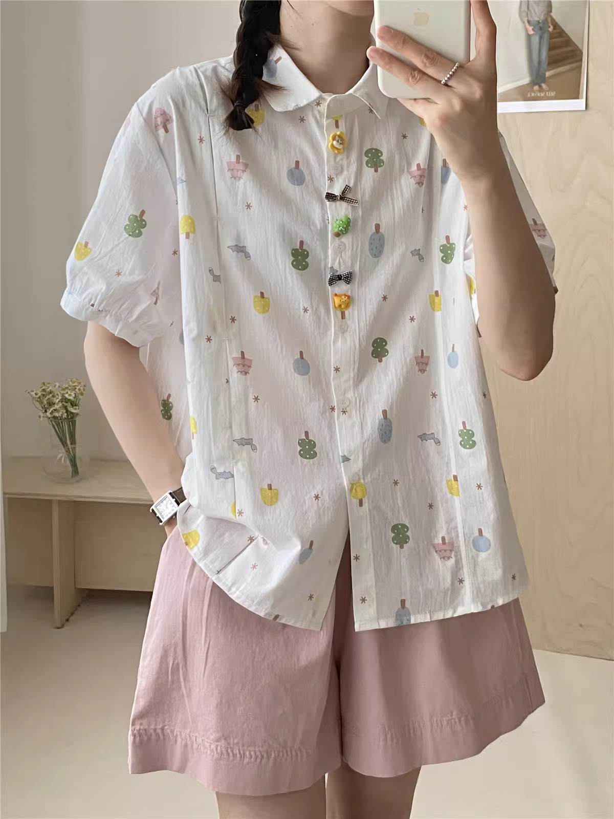 Dream Box 2025 Áo sơ mi cotton in hình cây đầy màu sắc mới mùa hè có cổ bẻ, tay ngắn, nhiều khuy, dáng rộng, áo sơ mi giảm tuổi tác.