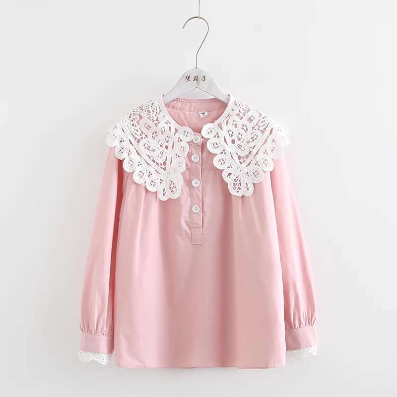 Áo sơ mi nữ Dream Box 2024 Xuân kiểu mới, viền ren rỗng, cổ búp bê, đa năng, màu trơn, chất liệu cotton