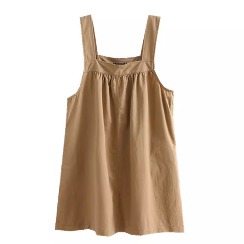 Đầm cotton màu trơn phong cách mới Thu 2024 Dream Box, kiểu dáng chữ A, cổ vuông, không tay, dây đeo, dành cho nữ