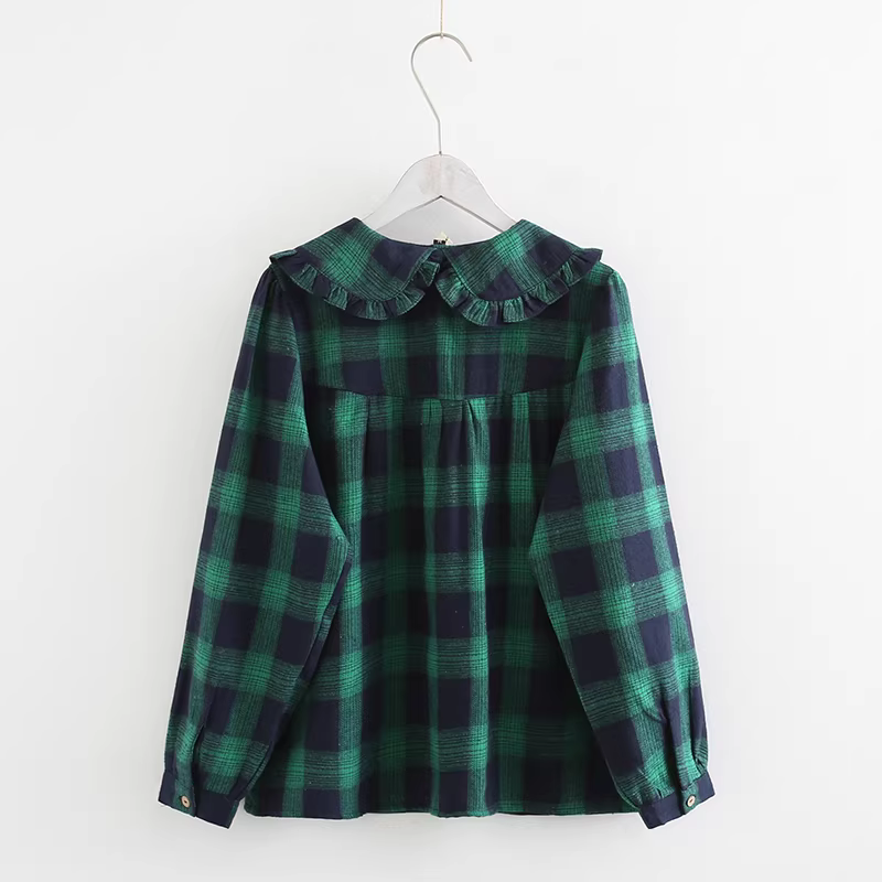 Áo sơ mi búp bê cổ bèo Dream Box Thu 2023 kiểu vintage, áo len chui đầu nữ dáng rộng kẻ ca rô