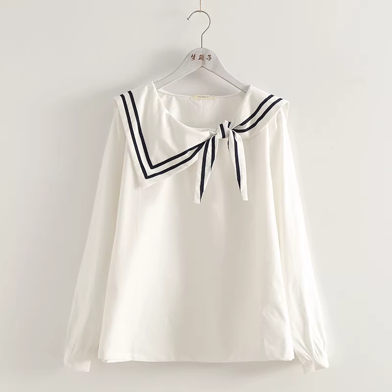 Áo sơ mi cotton màu trơn phong cách mới Xuân 2024 Dream Box, kiểu dáng bất đối xứng cổ thủy thủ, tay dài, rộng rãi, màu trắng dành cho nữ