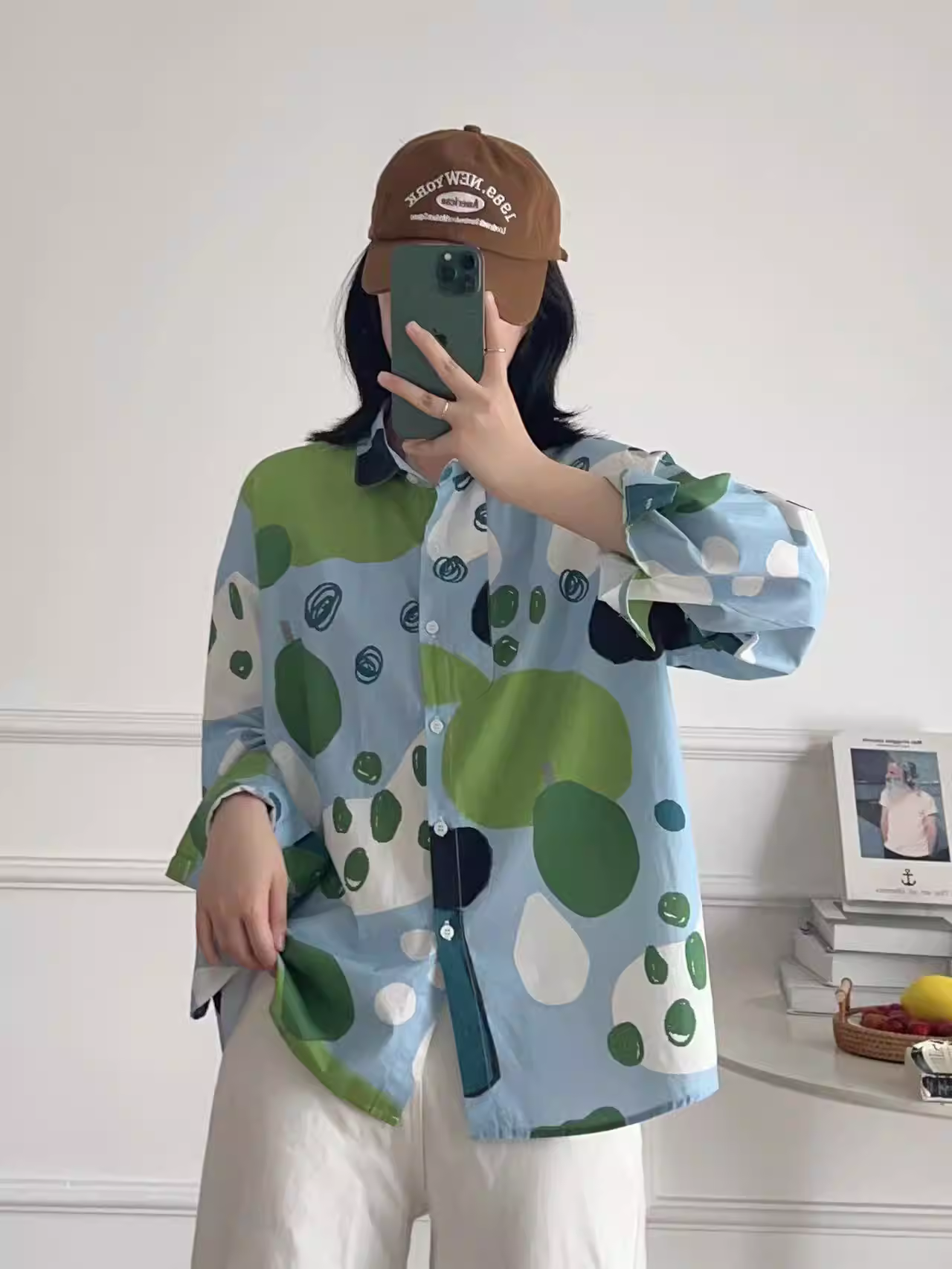 Dream Box 2023 Áo sơ mi cotton in họa tiết màu khối mới mùa thu có cổ bẻ, tay dài, áo sơ mi dáng rộng đa năng