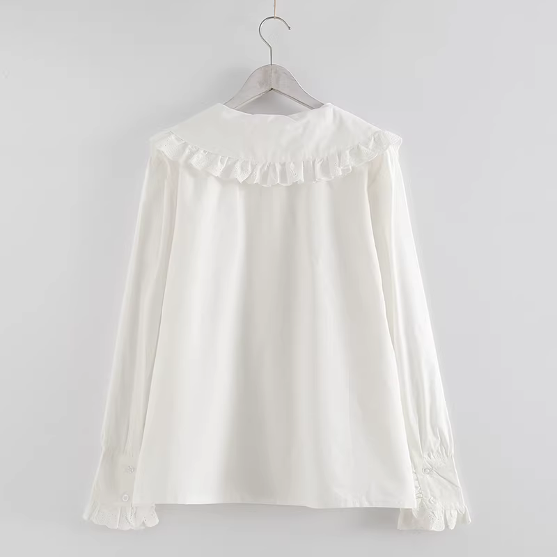 Áo sơ mi nữ cotton tay đèn kiểu cung điện phong cách mới Thu 2024 Dream Box, cổ búp bê ren, tay dài, dáng rộng, màu trắng
