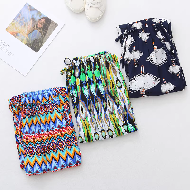 Quần Lantern in họa tiết sóng tươi mới phong cách mùa hè Dream Box 2024, lưng thun, kiểu dáng dân tộc, quần đi biển, quần thường ngày